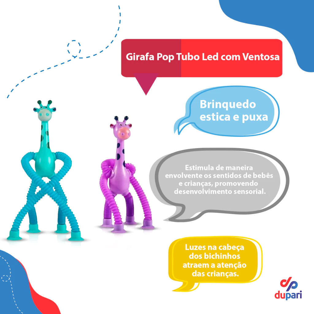 Brinquedo Girafa Pop em Tubo LED Com Ventosa - Puxa Estica até 40cm